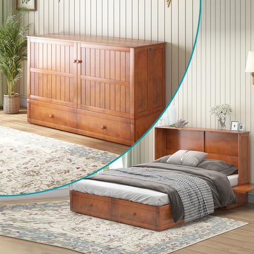 BALUS Murphy Bed Cabinet,Queen Murphy Bed with Tri-fold Mattress & USB Charging Station,Modern Wall Chest Beds with Folding Night Stand Trays and Storage Drawers for Bedroom Living Room,Grey-Blue - Image 2