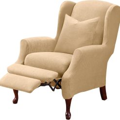 SureFit Home D??cor SF38684 Stretch Pique Box Cushion Recliner Wingback Chair Slipcover, Form Fit, Polyester/Spandex, Machine Washable, Two Piece, Cream Color