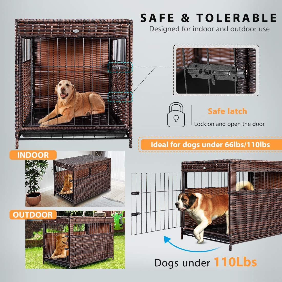 DEStar Heavy Duty PE Rattan Wicker Pet Dog Cage Crate Indoor Outdoor Puppy House Shelter with Removable Tray and UV Resistant Cover - Image 9