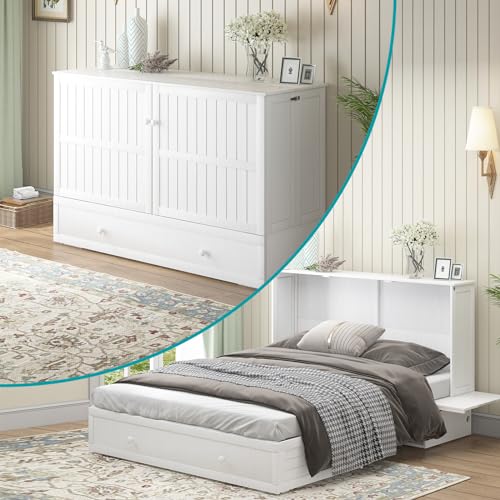 BALUS Murphy Bed Cabinet,Queen Murphy Bed with Tri-fold Mattress & USB Charging Station,Modern Wall Chest Beds with Folding Night Stand Trays and Storage Drawers for Bedroom Living Room,Grey-Blue