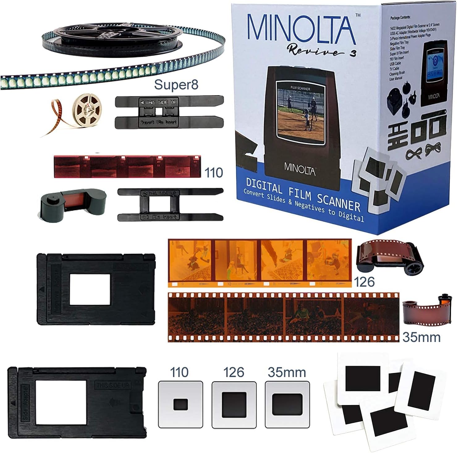 MINOLTA Film & Slide Scanner, Convert Color & B&W 35mm, 126, 110 Negative & Slides, Super 8 Films to 22MP JPEG Digital Photos, 16GB SD Card, Worldwide (Red) - Image 2