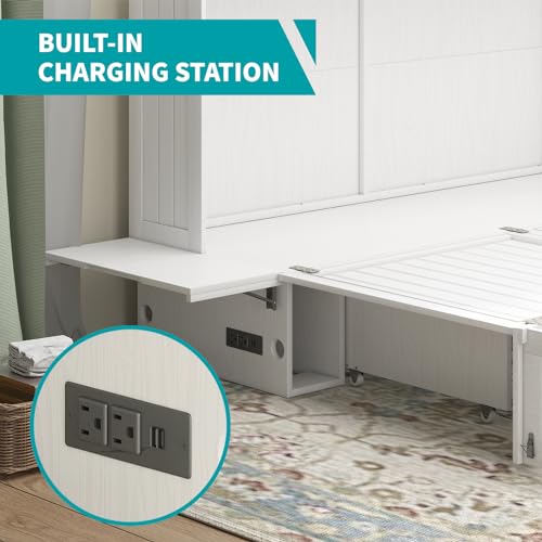 BALUS Murphy Bed Cabinet,Queen Murphy Bed with Tri-fold Mattress & USB Charging Station,Modern Wall Chest Beds with Folding Night Stand Trays and Storage Drawers for Bedroom Living Room,Grey-Blue - Image 8