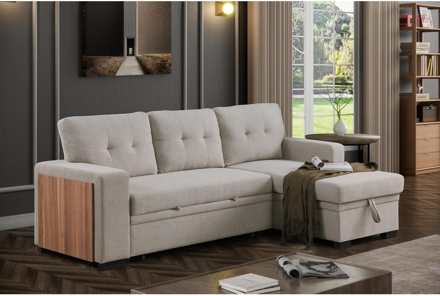 Devion Furniture 92 W Modern L-Shaped Polyester Fabric Upholstered Reversible Side Compartment Sleeper Sectional Sofa Bed with Chaise in Light Gray Finish