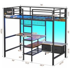 Alternative view of DICTAC Twin Loft Bed with L-Shaped Desk,Storage Shelves and Charging Station Metal Loft Bed Twin Size with LED Lights,Coat Rack with Drawers and Stair,Top Bunk with Safety Guardrail for Teen,Black