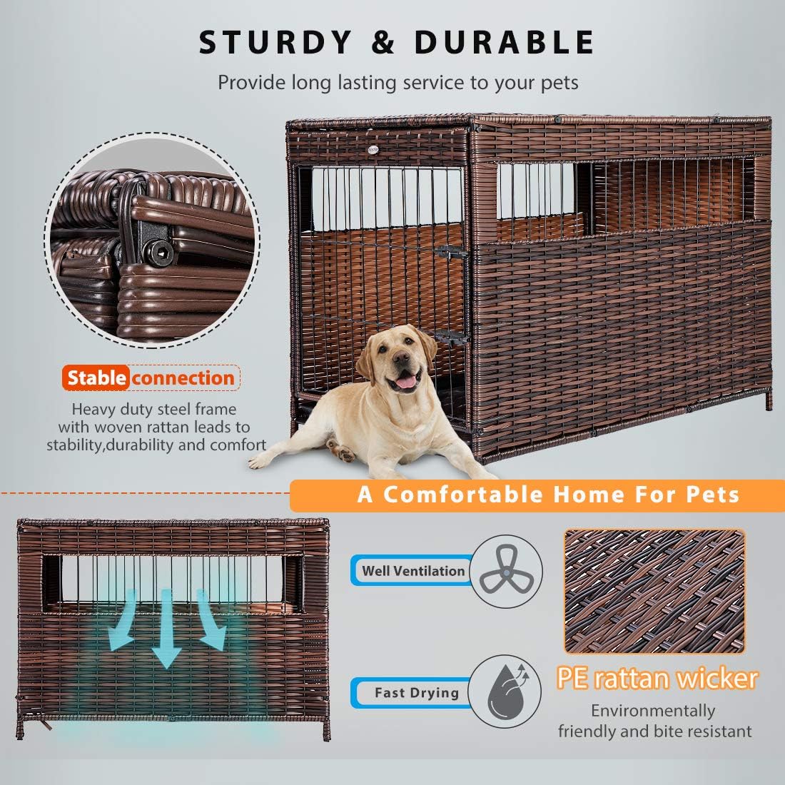 DEStar Heavy Duty PE Rattan Wicker Pet Dog Cage Crate Indoor Outdoor Puppy House Shelter with Removable Tray and UV Resistant Cover - Image 8