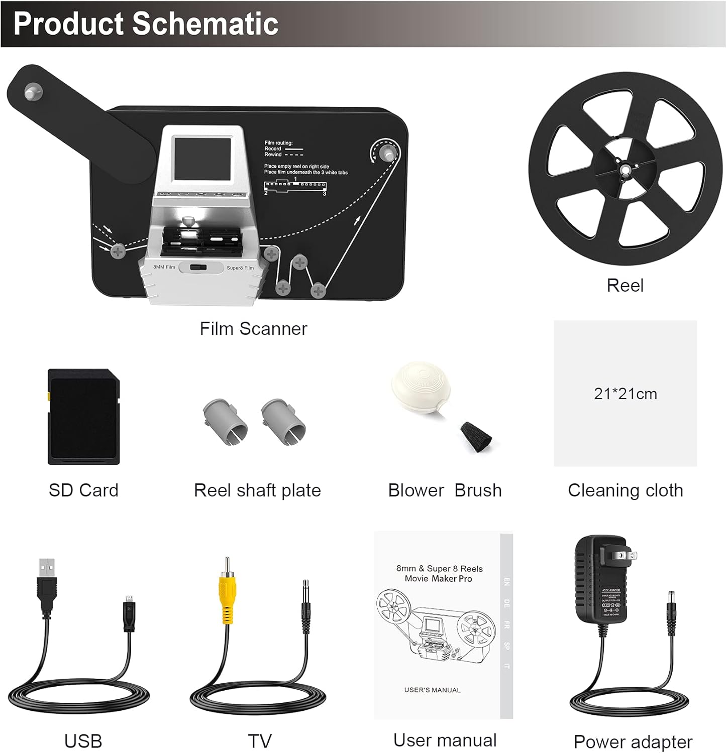 8mm & Super 8 Reels to Digital MovieMaker Film Sanner Converter, Pro Film Digitizer Machine with 2.4 LCD, Convert 5 inch and 8 inch 8mm Super 8 Film reels into 1080P Digital Videos - Image 6