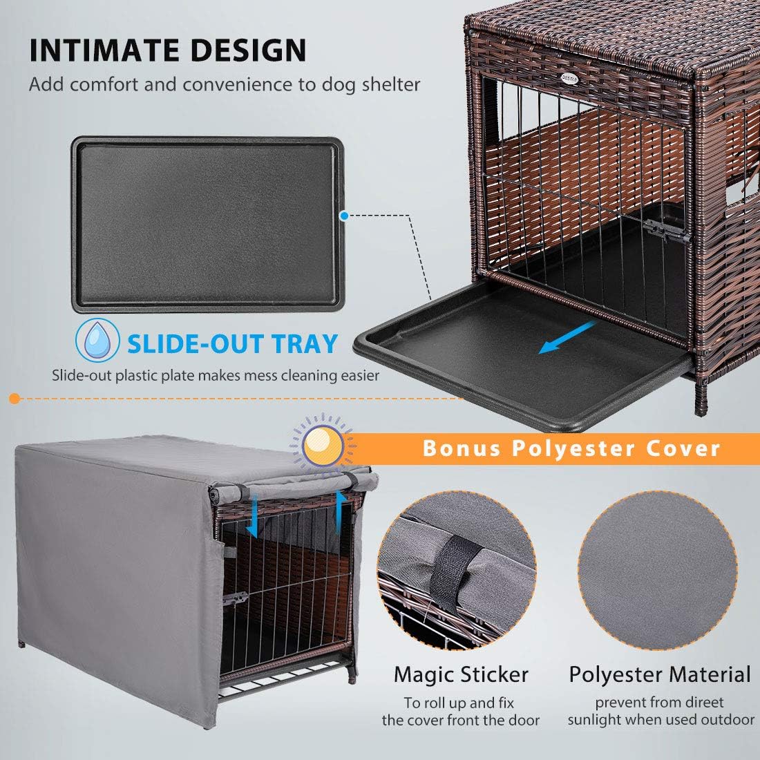 DEStar Heavy Duty PE Rattan Wicker Pet Dog Cage Crate Indoor Outdoor Puppy House Shelter with Removable Tray and UV Resistant Cover - Image 5