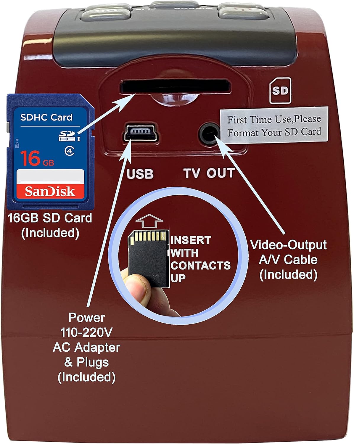 MINOLTA Film & Slide Scanner, Convert Color & B&W 35mm, 126, 110 Negative & Slides, Super 8 Films to 22MP JPEG Digital Photos, 16GB SD Card, Worldwide (Red) - Image 6