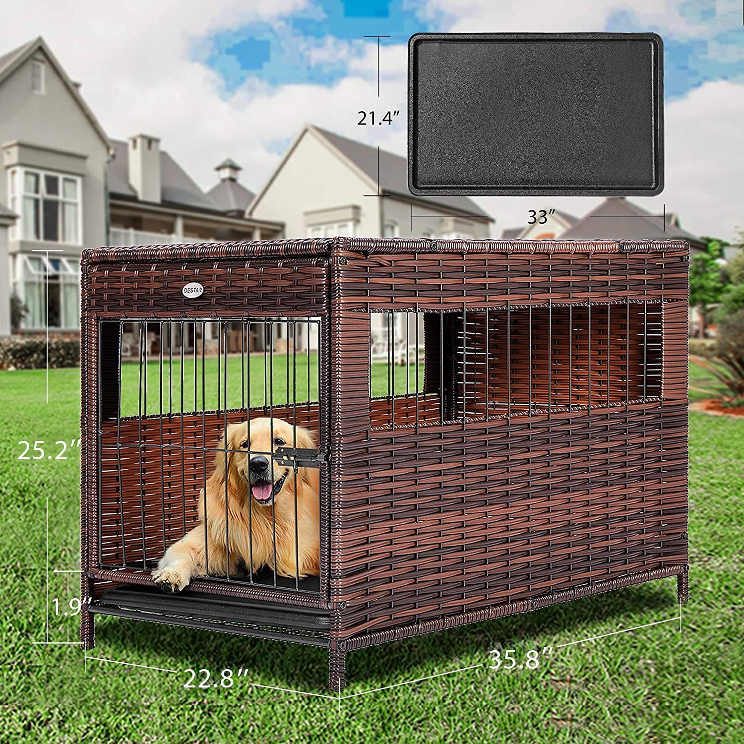 DEStar Heavy Duty PE Rattan Wicker Pet Dog Cage Crate Indoor Outdoor Puppy House Shelter with Removable Tray and UV Resistant Cover - Image 6