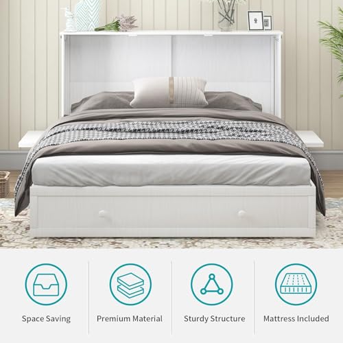 BALUS Murphy Bed Cabinet,Queen Murphy Bed with Tri-fold Mattress & USB Charging Station,Modern Wall Chest Beds with Folding Night Stand Trays and Storage Drawers for Bedroom Living Room,Grey-Blue - Image 11