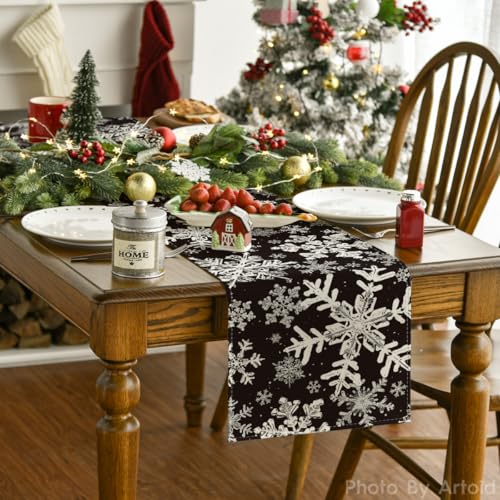 Artoid Mode Navy Blue Snowflakes Christmas Table Runner, Seasonal Winter Holiday Kitchen Dining Table Decoration for Home Party Decor 13×72 Inch - Image 26