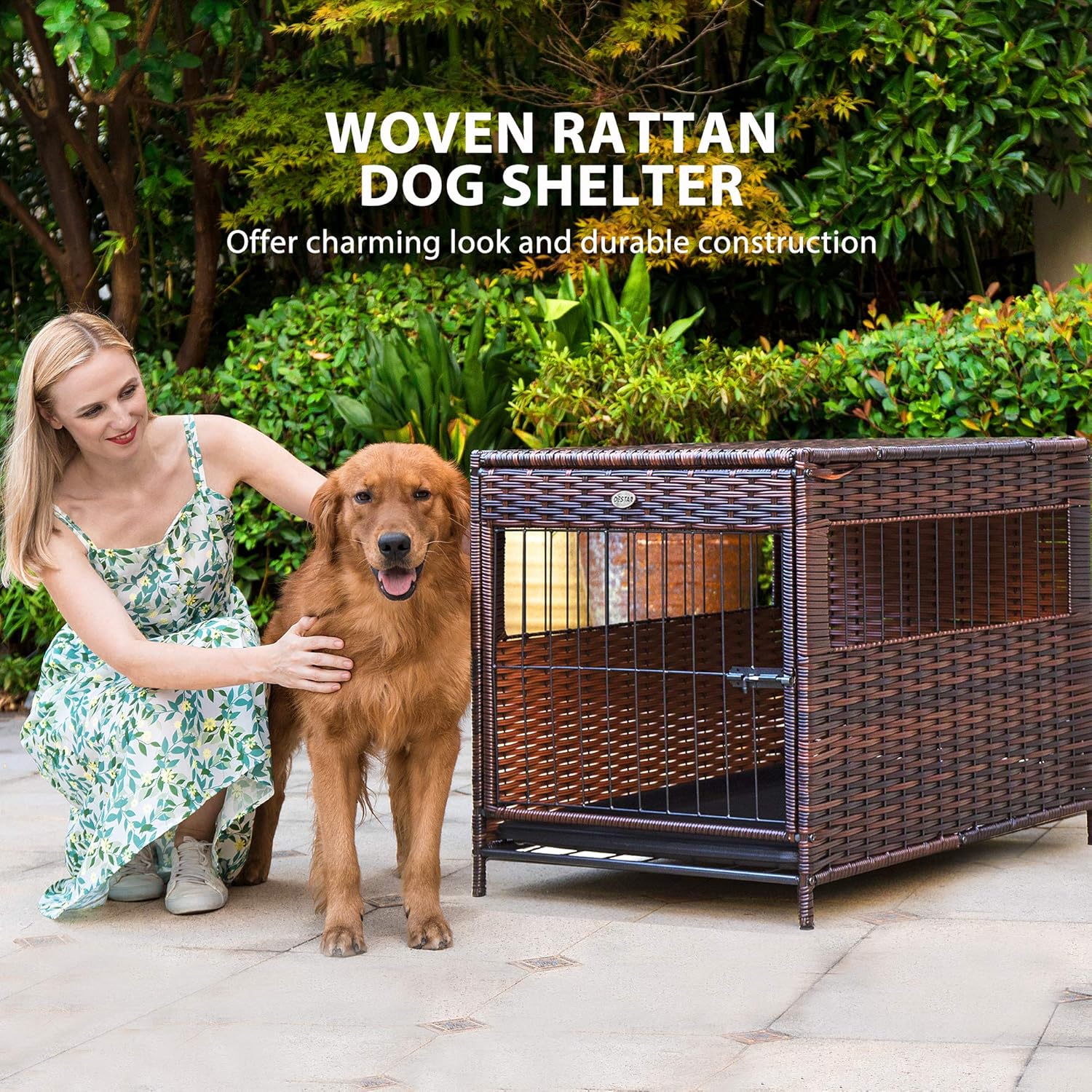 DEStar Heavy Duty PE Rattan Wicker Pet Dog Cage Crate Indoor Outdoor Puppy House Shelter with Removable Tray and UV Resistant Cover - Image 2