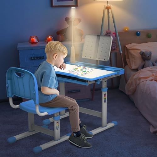 BELANITAS Kids Desk and Chair Set 5-8 Year Old, Desk for Kids Room 8-12, Height-Adjustable Children Desk with 40-Degree Tilted Desktop, Kids Study Desk and Chair Set for School, Green - Image 2
